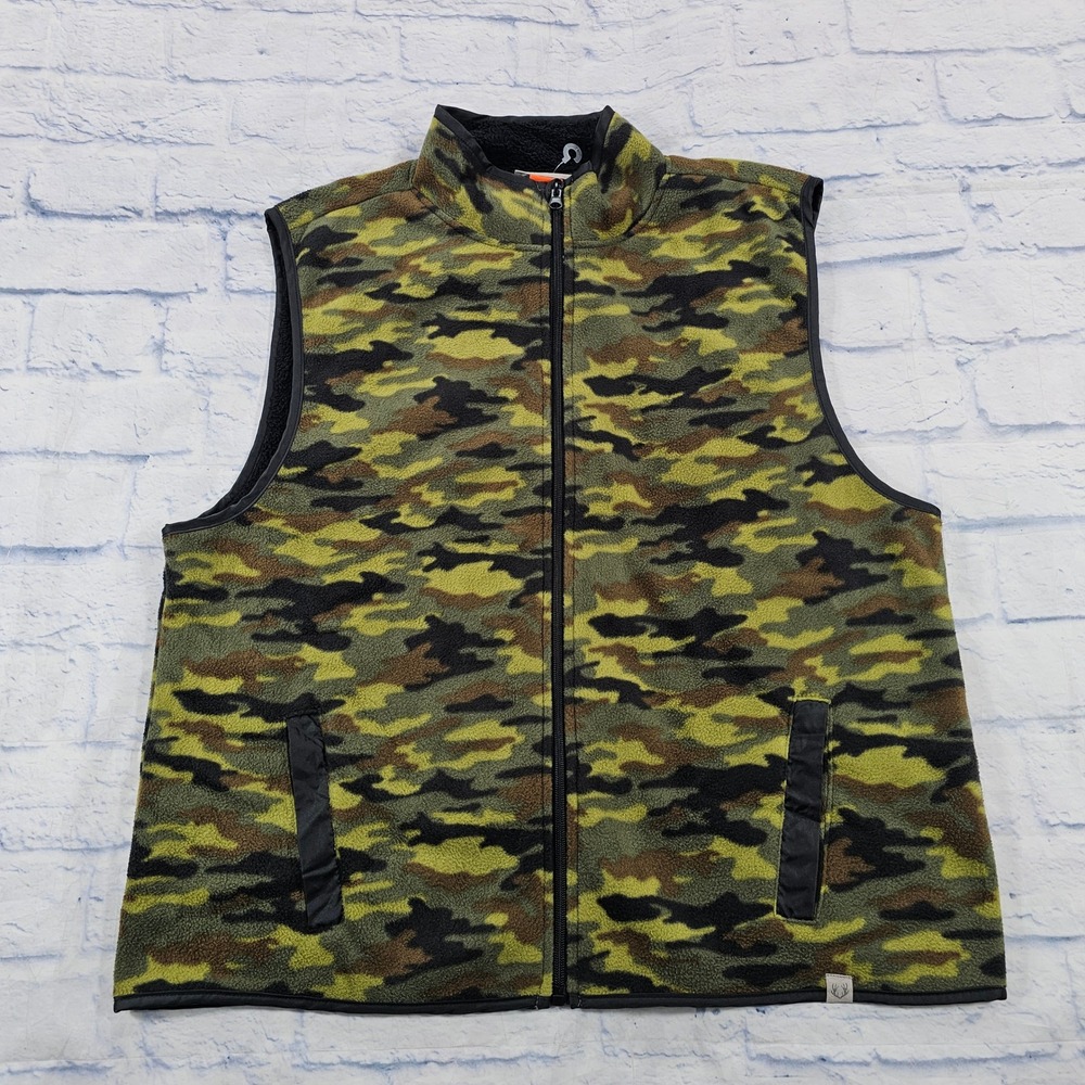 Racks & Reels Fleece Vest MENS L Green Camo Sherpa Lined Full Zip Hunting Gear